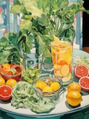Stilleven met citrusfruit, sla en een drankje op een tuintafel.