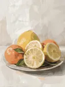 Stilleven met sinaasappels en citroenen op een schaal