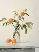 Citrustak met sinaasappels in glazen vaas, stilleven schilderij