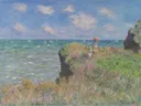 Cliff Walk at Pourville van Claude Monet: zee met klif, zee, vrouwen en gras, in helder blauw en groen
