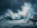 Schilderij van een grote brekende golf in close-up tijdens een zeestorm
