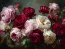 Close-up schilderij van gemengde witte, rode en roze rozen