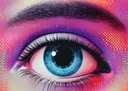 Pop-art close-up van een blauw oog met een halftoonpatroon in roze en paars