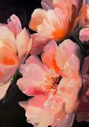 Close-up schilderij van pioenrozen in roze en oranje