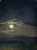Cloud Study, Moonlight van Albert Bierstadt: landschap met maan, maanlicht, wolken en nacht, in donkerblauw en grijs