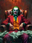 Pop-art schilderij van een clownfiguur op een troon tussen bankbiljetten