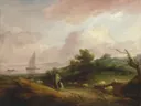 Coastal Landscape with a Shepherd and His Flock van Thomas Gainsborough: landschap met kust, schapen, herder en zeilboten, in zacht grijsblauw en beige