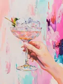 Schilderij van een hand die een cocktailglas met ijsblokjes vasthoudt.
