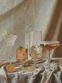 Stilleven met verschillende cocktails op een zijden doek