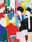 Pop-art schilderij van cocktailparty, kleurrijke figuren aan de bar