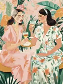 Twee vrouwen in jurken drinken cocktails tussen tropische bladeren en bloemen.
