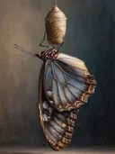 Cocon met uitgevouwen grijze vleugel, surrealisme schilderij