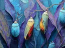 Schilderij van vlindercocons hangend aan blauwe bladeren