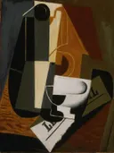 Coffeepot van Juan Gris: stilleven met koffiepot, kom, tafel en kubisme, in geel, zwart en wit