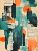 Abstracte collage met geometrische vlakken in blauw en oranje op krantenpapier