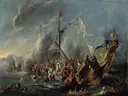 Combate naval entre españoles y turcos van Cornelis de Wael: zee met schepen, zeeslag, kanonnen en rook, in gedempt bruin en grijsblauw