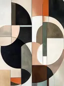 Art deco schilderij met gelaagde boogvormen in terracotta en zwart