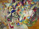 Composition VII , GAC van Wassily Kandinsky: abstract met vormen, lijnen, wervelingen en kleuren, in veelkleurig met blauw en rood