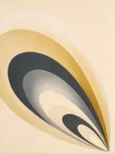 Concentrische bogen in de stijl Modern Bauhaus, in grafiet, zilvergrijs en bleek been, met een mosterdgeel accent
