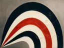 Concentrische bogen in de stijl Modern Bauhaus, in inktzwart en beenderwit, met één baan vermiljoen