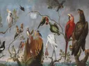 Concert of the Birds van Frans Snyders: dieren met vogels, papegaaien, adelaar en takken, in groen, rood en blauw