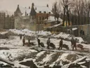 Construction Site in Amsterdam van George Hendrik Breitner: stad met bouwterrein, sneeuw, arbeiders en winter, in gedempt grijs en wit
