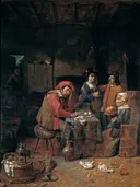 Contrato matrimonial van Joos van Craesbeeck: interieur met boeren, schuur, tafel en kaars, in donkerbruin en rood