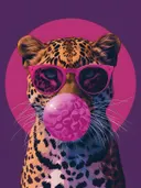 Pop-art illustratie van een luipaard met zonnebril en kauwgombel