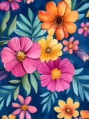Aquarel schilderij van cosmosbloemen in oranje en roze op een marineblauwe achtergrond