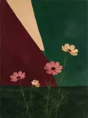 Schilderij van cosmos in de wind in bordeaux en bosgroen, in vlakke kleurvlakken