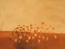 Schilderij van cosmos in de wind in terracotta en zand, in vlakke kleurvlakken