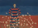 Schilderij van cosmos in de wind in vermiljoen en indigo