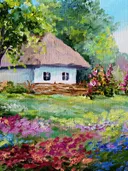 Schilderij van een cottage met bloementuin