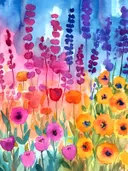 Roze, paarse en oranje tuinbloemen tegen een blauwe hemel