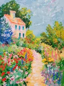 Cottage tuinpad schilderij, impressionistisch tuinlandschap met bloemen