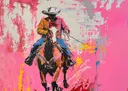 Schilderij van een cowboy met witte hoed te paard tegen een roze en gele verfspetter-achtergrond