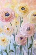 Crème en roze ranonkels, botanisch schilderij