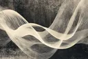 Abstract lijnenschilderij met crèmekleurige golvende lijnen op een donkere antracieten achtergrond