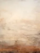 Abstract schilderij in crème en okerkleuren met een vage landschapsstructuur.