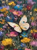 Schilderij van een crèmekleurige vlinder in een bloemenveld