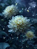 Schilderij van crèmewitte dahlia's in een nachtelijk bos met lichtgevende insecten