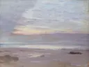 Crepuscule in Opal, Trouville, 1865, 1923.20 van James McNeill Whistler: zee met schemer, zee, strand en wolken, in zacht roze en lila