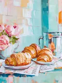 Schilderij van croissants op schoteltjes naast zilveren kannen en een boeket rozen.