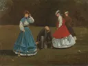 Croquet Scene van Winslow Homer: figuren met vrouwen, croquet, gras en jurken, in blauw, rood en groen