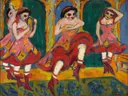 Csardasdanseressen van Ernst Ludwig Kirchner: figuren met dansers, podium, rokken en beweging, in fel rood en blauw
