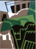 Cubist Landscape by , 1917, Spanish, oil on plywood Meadows Museum Southern Methodist University DSC05422 van Juan Gris: abstract met kubisme, vlakken, huizen en bomen, in groen, grijs en wit