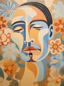 Cubistisch portret met gesloten ogen tussen oranje en witte bloemen.