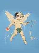 Schilderachtige afbeelding van een gevleugelde cupidofiguur met appel en boog tegen een blauwe achtergrond.