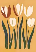 Grafisch schilderij van tulpen op oranje achtergrond