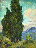Cypresses 1889 van Vincent van Gogh: landschap met hemelgewelf, wolken en heuvel
